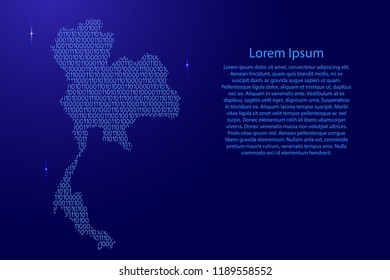 Thailand map abstract schematic from blue ones and zeros binary digital code with space stars for banner, poster, greeting card. Vector illustration.