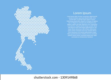 Thailand map abstract schematic from white  triangles repeating pattern geometric on light blue background with nodes for banner, poster, greeting card. Vector illustration.