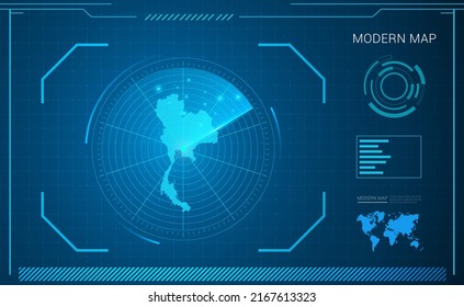 Mapa tailandés del radar de tecnología de marco digital azul HUD, interfaz GUI, interfaz de interfaz de usuario.