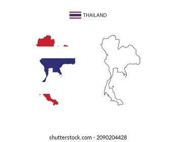 Thailand map city vector divided by outline simplicity style. Have 2 versions, black thin line version and color of country flag version. Both map were on the white background.