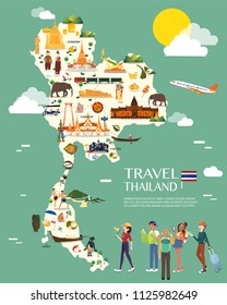 Thailand map with colorful landmarks illustration design