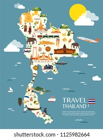Thailand map with colorful landmarks illustration design