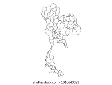 thailand map with country borders, thin black outline on white background. High detailed vector map with counties/regions/states - thailand. contour, shape, outline, on white.