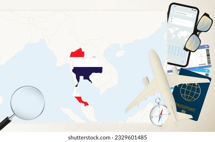 Thailand map and flag, cargo plane on the detailed map of Thailand with flag, passport, magnifying glass and airplane. Vector template.