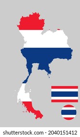 Thailändische Karte und Flagge, Vektorgrafik von Silhouette einzeln auf Hintergrund. Nationales Symbol mit Ländergrenzen in Asien.