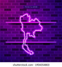 Thailand map glowing neon lamp sign. Realistic vector illustration. Country name plate. Purple brick wall, violet glow, metal holders.