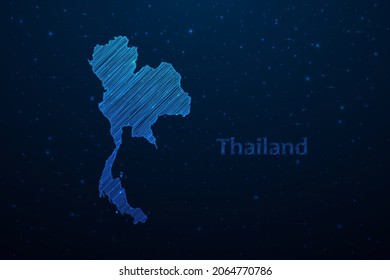 Thailand map hand drawn scribble sketch.Vector map in futuristic style on dark blue space background. Vector illustration.