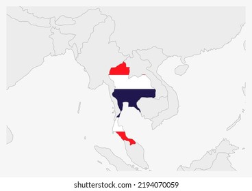 Thailand map highlighted in Thailand flag colors, gray map with neighboring countries.
