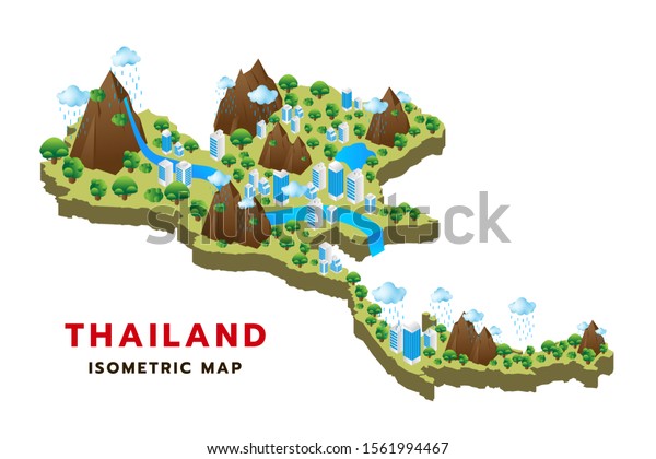 タイの地図アイソメ形式は 建物 木 水 山で構成され インフォグラフィック形式で使用できます ベクターイラスト のベクター画像素材 ロイヤリティフリー