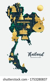Thailand map with landmark design in gold trimmed with dark green