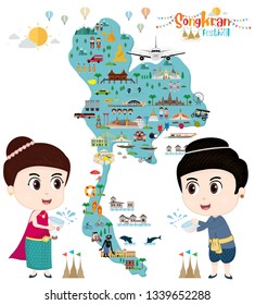 Thailand map and Landmarks travel place, temple. flat design