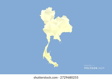 Mapa de Tailandia en estilo de Vector de polígono bajo, ilustración de forma geométrica con tonos amarillos suaves sobre fondo azul, silueta limpia para infografía.