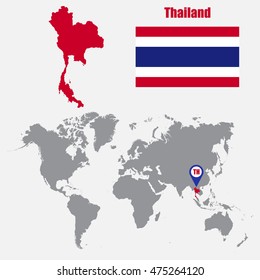 Thailand map on a world map with flag and map pointer. Vector illustration