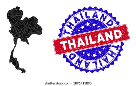 Thailand map polygonal mesh with filled triangles, and unclean bicolor rubber seal. Triangle mosaic Thailand map with mesh vector model, triangles have various sizes, and positions, and color hues.
