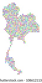 Thailand map. Vector concept of geographic plan. Regular pattern is constructed from x-cross items in random colors. Abstract pixelated Thailand map designed for political and economical projects.