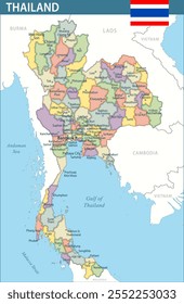 Thailand Map Vector New 2024 Colorful - Customizable layered political map of Thailand with administrative divisions for website, education, reports, news, politics, print, poster and wallpaper