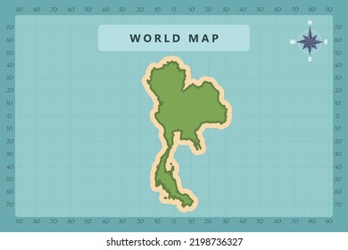 Thailand Map - World Map International vector template High detailed with green and cream color isolated on blue background including Compass Rose icon - Vector illustration eps 10