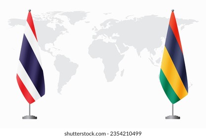 Thailand and Mauritius flags for official meeting against background of world map.