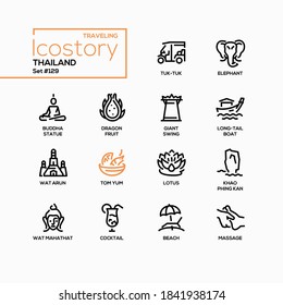 Tailandia - conjunto de iconos de diseño de línea moderna. Concepto de viajes y cultura. Cocina tailandesa y monumentos. Tuk-tuk, estatua de buddha, columpio gigante, barco de cola larga, arun de wat, tom yum, pictogramas negros de masaje