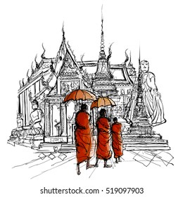 Thailand, monks in a temple - Vector and Illustration