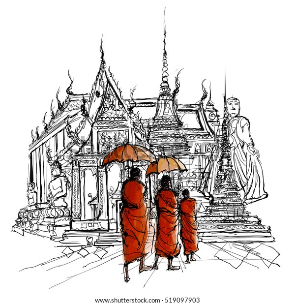 Thailand Monks Temple Vector Illustration Stock Vector Royalty Free