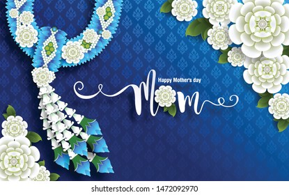 Thailand Mother's day background and beautiful Jasmine flower Thai traditional paper art craft style on background.