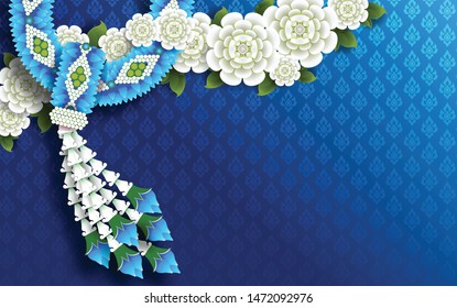 Thailand Mother's day background and beautiful Jasmine flower Thai traditional paper art craft style on background.