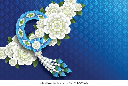 Thailand Mother's day background and beautiful Jasmine flower Thai traditional paper art craft style on background.