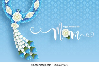 Thailand Mother's day background and beautiful Jasmine flower Thai traditional paper art craft style on background.