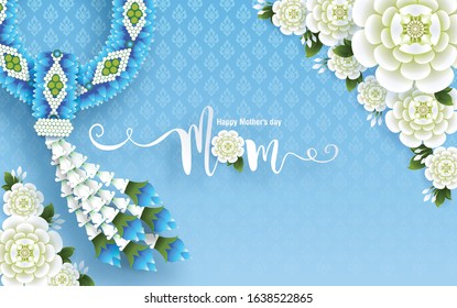 Thailand Mother's day background and beautiful Jasmine flower Thai traditional paper art craft style on background.