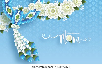 Thailand Mother's day background and beautiful Jasmine flower Thai traditional paper art craft style on background.