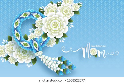 Thailand Mother's day background and beautiful Jasmine flower Thai traditional paper art craft style on background.