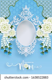 Thailand Mother's day background and beautiful Jasmine flower Thai traditional paper art craft style on background.