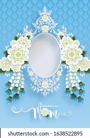 Thailand Mother's day background and beautiful Jasmine flower Thai traditional paper art craft style on background.