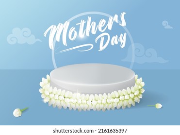 Thailand Mother's Day with jamine and white podium on light blue background