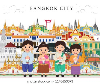 Thailand in national clothes. Southeast Asia. Set of cartoon characters