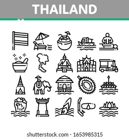 Thailand National Collection Icons Set Vector. Thailand On Geography Map And Flag, Bungalow And Building, Elephant And Tuktuk Concept Linear Pictograms. Monochrome Contour Illustrations