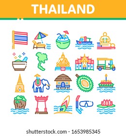 Thailand National Collection Icons Set Vector. Thailand On Geography Map And Flag, Bungalow And Building, Elephant And Tuktuk Concept Linear Pictograms. Color Illustrations