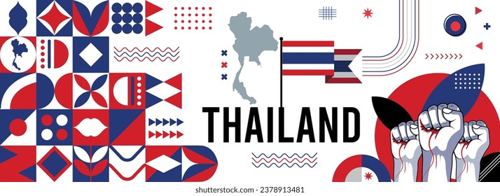 Thailändisches Tagesbanner mit abstraktem modernem Design. Flagge und Karte des Thailands mit typografisch rotem blauen Hintergrund