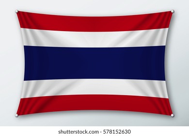 Thailand national flag. Symbol of the country on a stretched fabric with waves attached with pins. Realistic vector illustration.