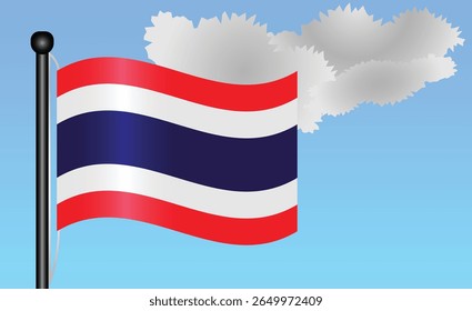 Thailand national flag waving against a bright blue sky. representing national pride, unity, and heritage in Asia with its vibrant colors and iconic design. Patriotic symbol of identity or pride