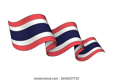 Thailand national flag waving ribbon shape with engraved vintage texture