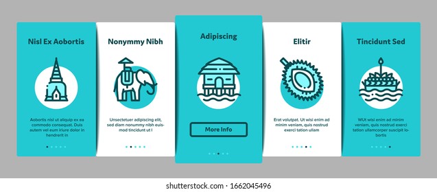 Thailand National Onboarding Mobile App Page Screen Vector. Thailand On Geography Map And Flag, Bungalow And Building, Elephant And Tuktuk Concept Linear Pictograms. Color Contour Illustrations