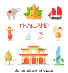 Nationale thailändische Symbole setzen. Thailändische kulturelle, architektonische, Natur- und historische touristische Attraktionen flache Vektorsymbole einzeln auf weißem Hintergrund. Urlaub im exotischen asiatischen Landschaftskonzept  