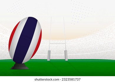 Selección de rugby de Tailandia en estadio de rugby y en puestos de gol, preparándose para un penal o patada libre. Ilustración vectorial.