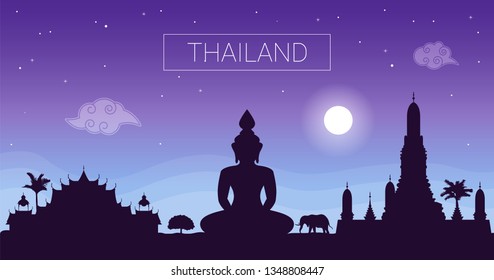 Thailand night landscape. Travel Thailand. Vector