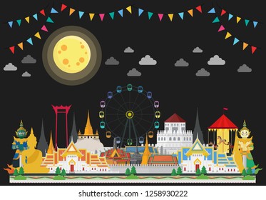 Thailand night party, Thai temple fair and full moon