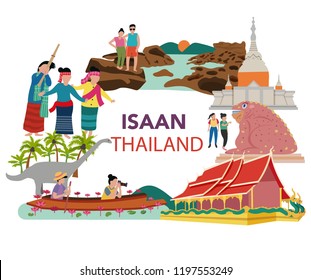 Thailand northern east , aka Isaan traveling concept with the local landmarks, all in flat style design, illustration, vector