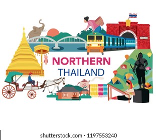 Thailand northern region traveling concept with the local landmarks, all in flat style design, illustration, vector