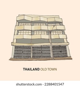 Thailand old building, old town, drawing style vector illustration